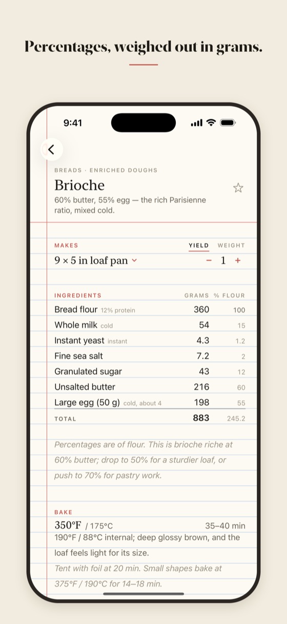 A formula card: baker's percentages beside gram weights